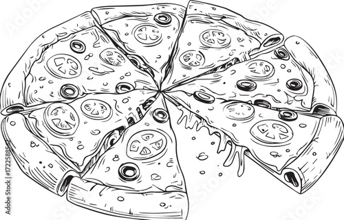 Artisan Pizza Slices: A meticulously crafted black and white illustration showcases slices of a savory pizza, topped with succulent tomatoes and olives, embodying the culinary art of a simple.