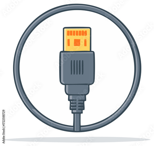 Close-up of a digital cable connector within a circular frame, symbolizing connectivity and technology.