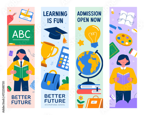 Four colorful vertical banners illustrating education, learning, and school admission with students, teachers, and academic symbols.