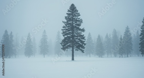 Snowy Landscape with Isolated Pine Tree Surrounded by Fog in Winter Wonderland Scene