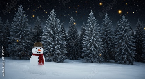 Snowman in Winter Landscape Surrounded by Pine Trees Under a Starry Night Sky