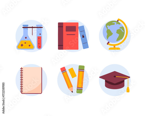 Education icons: beakers, books, globe, notebook, pencils, mortarboard.