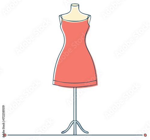Stylish coral summer slip dress on a tailor mannequin flat line art illustration