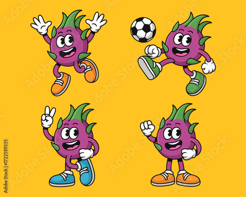 A set of four cartoon dragon fruit mascot characters in various poses, including playing soccer and waving, on a yellow background.