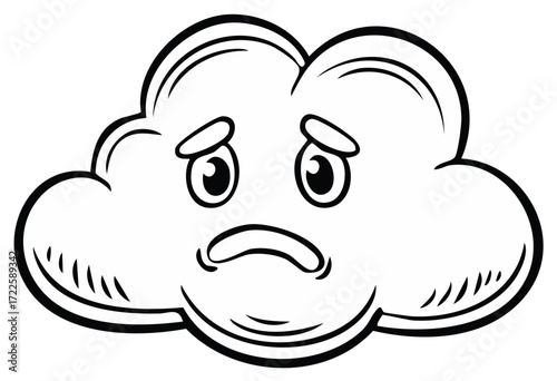 Black and white cartoon cloud with a sad expression depicting worry and bad weather mood