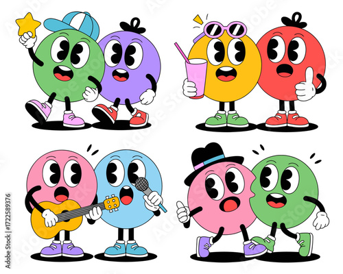 Four sets of colorful retro cartoon characters with arms and legs, depicting various leisure activities and friendly interactions.