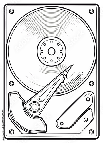 Monochrome line art illustration of an open computer hard disk drive mechanism