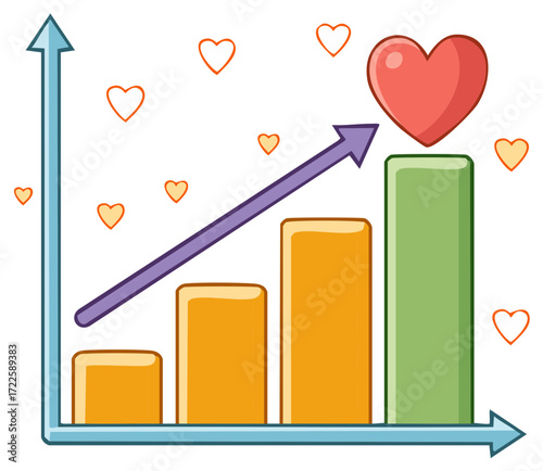 Positive growth chart with heart symbols, symbolizing love or popularity increase