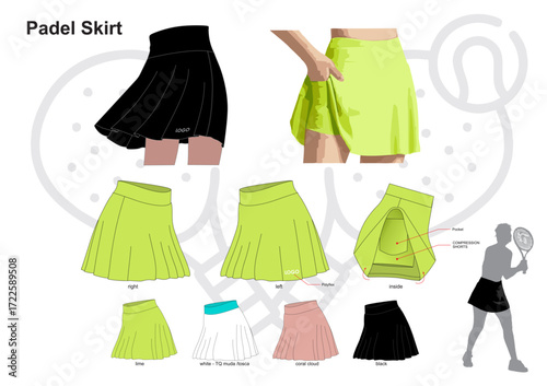 Vector design of a women's Padel Skirt with compression shorts, ball pockets, an elastic waistband, and sporty color variations. Perfect for padel, tennis, running, and sports fashion catalogs.