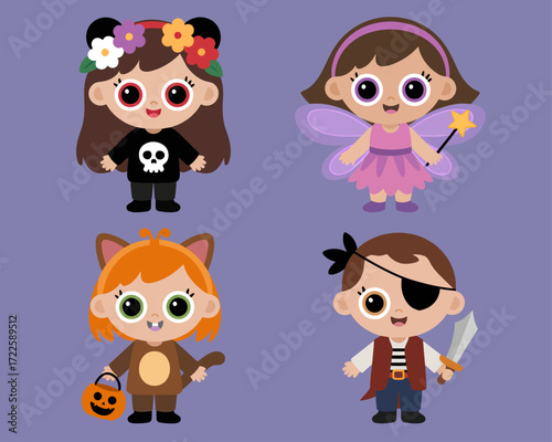 Four children in Halloween costumes: fairy, pirate, cat, and skull.