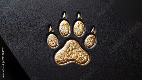 A golden embossed paw print on black paper, elegant and refined, perfect for luxury branding.