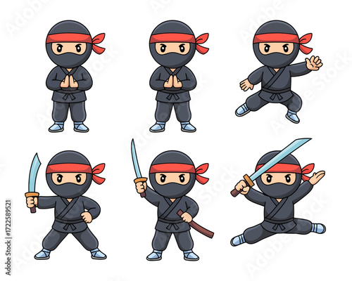 A collection of six cute cartoon ninja characters in various dynamic poses, including martial arts stances and wielding swords.