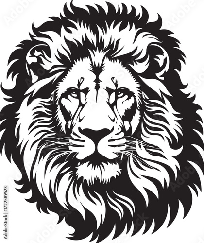 Majestic Lion Silhouette: A regal lion with a full, flowing mane gazes with noble confidence, portrayed in a striking black and white silhouette. The portrait epitomizes strength and pride.