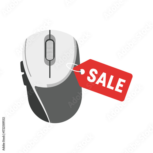 Computer mouse sale tag discount offer online shopping deal promotion retail vector