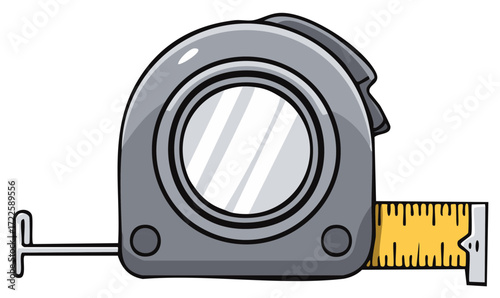 Cartoon illustration of a tape measure, building, and construction tool