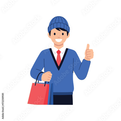 Man holding shopping bag giving thumbs up happy with purchase illustration vector