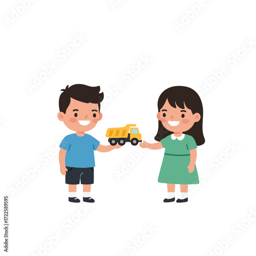 A boy in a blue t-shirt handing a yellow toy truck to a girl in a green dress, both are smiling.