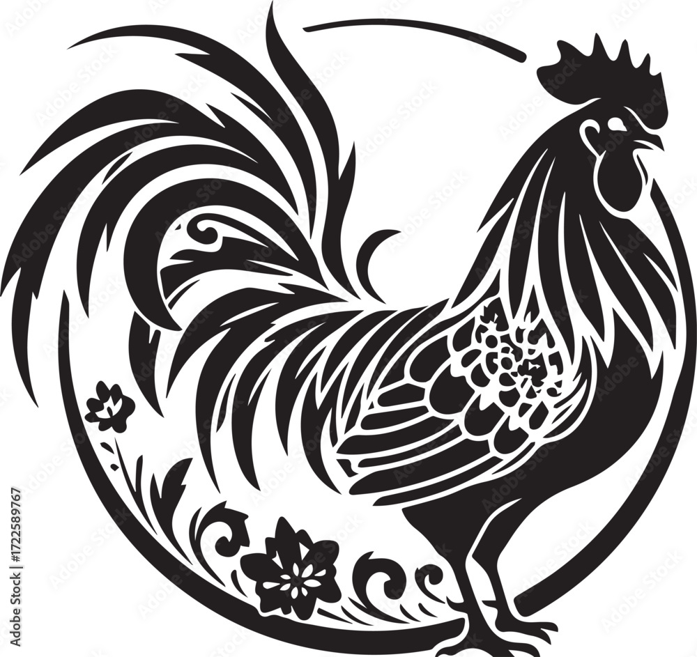 Fototapeta premium Rooster Silhouette: A stylized monochrome illustration of a proud rooster, elegantly positioned within an ornate circular frame, its detailed plumage and strong posture conveying power and tradition.