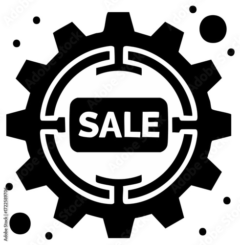 Gear wheel with SALE text graphic, mechanical device concept, promotional discount, offer, icon