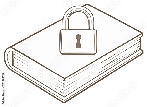 Padlock securing a book illustration symbolizing restricted knowledge and confidential information