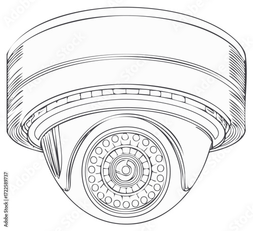 Detailed line art illustration of a security dome camera for surveillance and monitoring