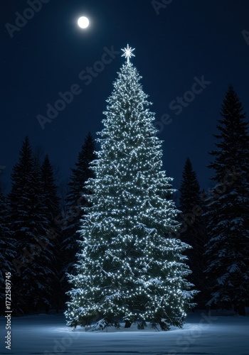 Sparkling Christmas Tree Illuminated by Moonlight in a Snowy Winter Landscape at Night