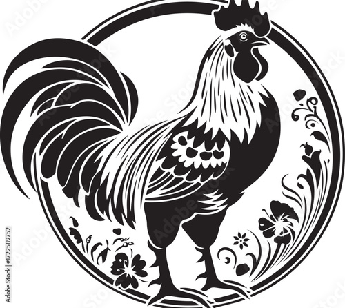 Rooster Icon: A distinguished illustration of a rooster stands proudly within an elegant circular frame, designed for graphic applications, embodying both the spirit of the dawn and country living.