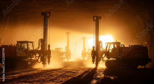Powerful drilling rigs operate in a sunlit mine creating dynamic industrial scene