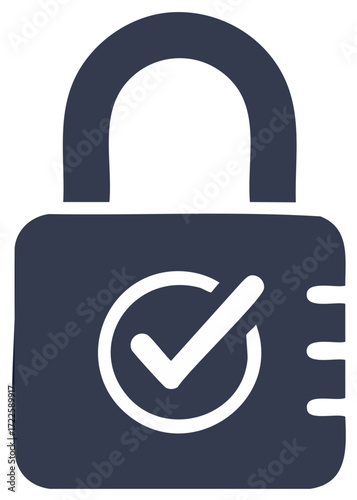Dark blue padlock icon with a white checkmark inside a circle symbolizing security and approval