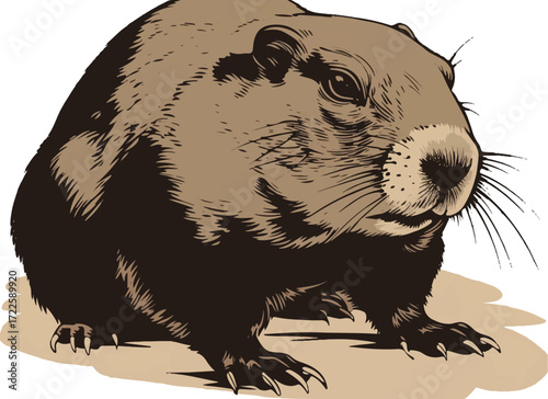 Grounded Groundhog: A detailed, sepia-toned illustration captures the curious gaze of a groundhog. It's a classic depiction, highlighting nature's understated beauty. 