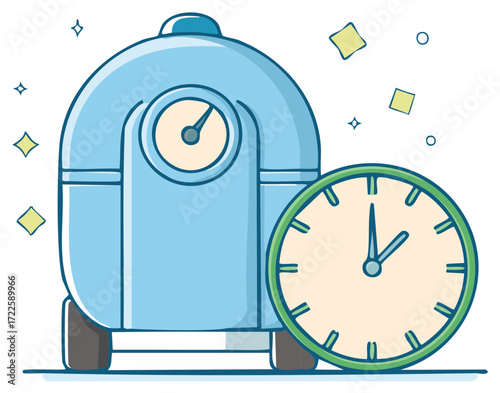 Cute blue time machine with a clock face and sparkling accents