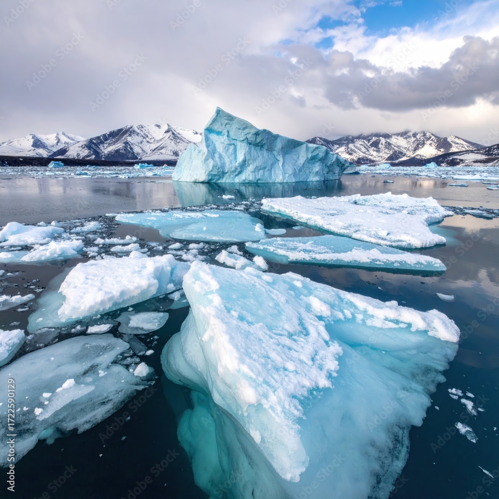 Obraz premium Glacial lagoon scene with jagged ice floes, snow-capped mountains on the horizon, and dramatic sky reflecting in calm waters