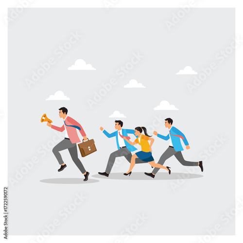 Risk Management Concept. Business Team Running Forward Led By A Leader With Megaphone.