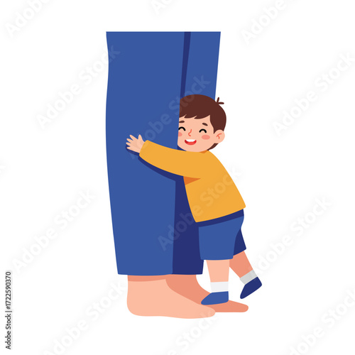 A small child hugging tightly onto the leg of an adult, whose lower part is only visible, the child's expression full of happiness and security, 