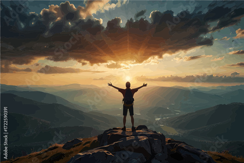 Man Standing on Mountain Peak at Sunrise with Open Arms