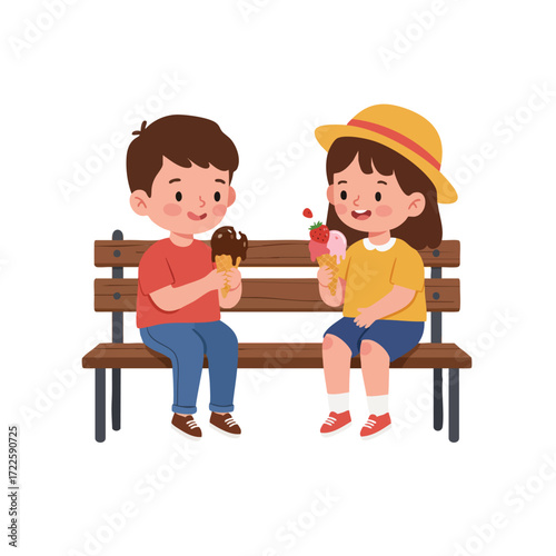  two children sitting on a bench, each holding an ice cream cone that is starting to melt, one chocolate, one strawberry, 