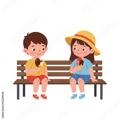  two children sitting on a bench, each holding an ice cream cone that is starting to melt, one chocolate, one strawberry, 