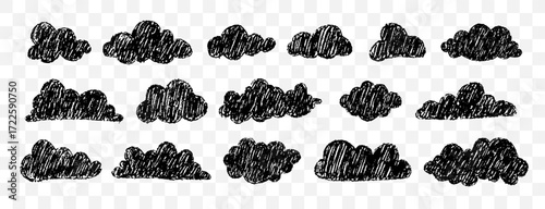 Sketchy crayon clouds on chalkboard texture. Playful sky elements for school or baby shower decor. Vector illustration.