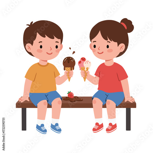  two children sitting on a bench, each holding an ice cream cone that is starting to melt, one chocolate, one strawberry, 