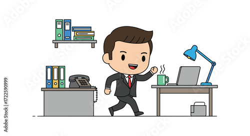 A busy businessman happily rushing through his office to complete his important tasks.