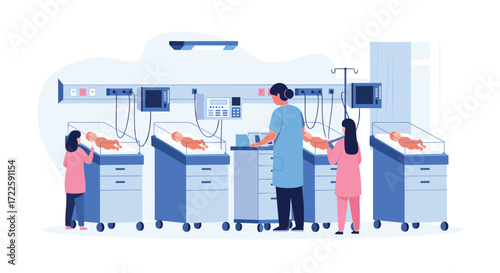 Neonatal intensive care unit with premature babies and medical staff attending them.