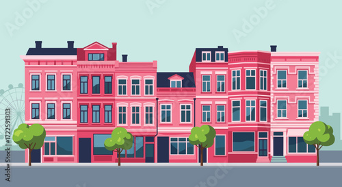Row of historic pink buildings with shops on the ground floor and apartments above overlooking a street with trees and a Ferris wheel in the distance.