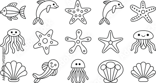 Cute sea animals, ocean creatures, starfish, jellyfish, seashells, fish, dolphin, cartoon marine life, underwater illustration, kids coloring book design