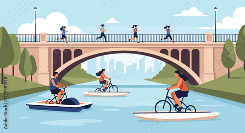 People enjoying outdoor activities on a sunny day by the river.