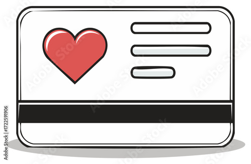 Vector art of a loyalty card or health card displaying a vibrant red heart icon and essential magnetic stripe elements