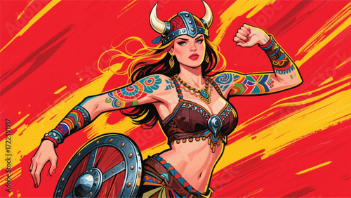 Woman Viking Illustrator Artwork Banner Background Design Template 