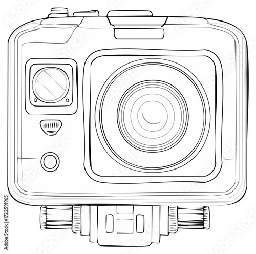 Close up of a contoured action camera line art illustration. Portable digital device suitable for adventures and extreme sports recording.