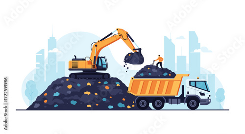 Construction excavator loading coal into a dump truck at a mining site.