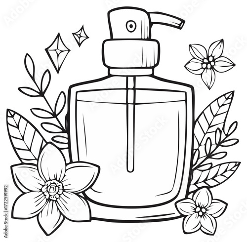 Hand sanitizer bottle with flowers and leaves illustration, isolated on white background.