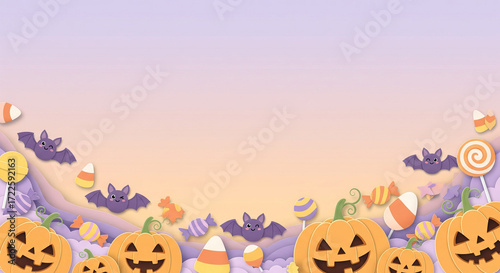Minimalist Halloween background in pastel colors. Paper cut layered design with smiling pumpkins, cartoon bats, and candy. Soft gradient background, playful digital craft design with empty copy space.